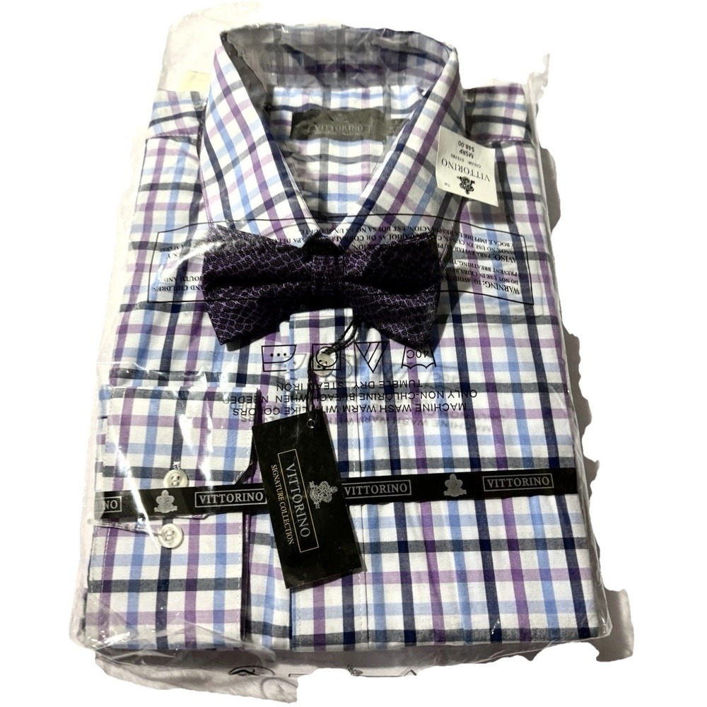 NWT Vittorino Men Dress Shirt Plaid 16-16.5 34/35 Coordinating Bow Tie Included